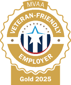 Graphical Image: Gold, Blue, and Red Michigan Veterans Affairs Agency. Veteran Friendly Employer Certification Logo. Gold Level 2025